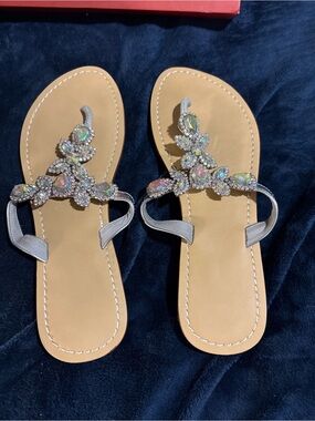 Women's Silver Jeweled T-Strap Sandals